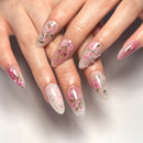 Pink Rose Cherry Blossom Bow Hand Pearl Rhinestone False Nails Detachable Finished Fake Nails Press on Nails