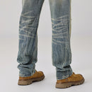 Men Distressed Washed Ripped Jeans - Loose Slim Tapered Patchwork Pant