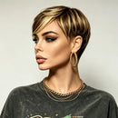 Pixie Cut Real Human Hair Wig Brown Blonde Highlight Soft Comfort Short Wig