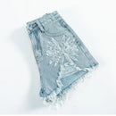 Summer Denim Shorts Women Firework Embroidery Beaded Ripped Raw Hem Jean Shorts