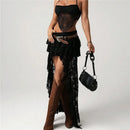 Women Layered Lace Long Skirts Solid Asymmetrical Ruffle Hem Flowy Skirts Boho Skirts