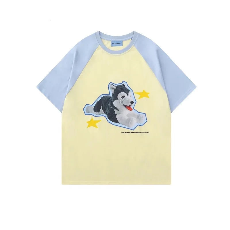 Summer Funny Animal Block Short Sleeve T Shirt Men Loose Couple Academy Style Tees