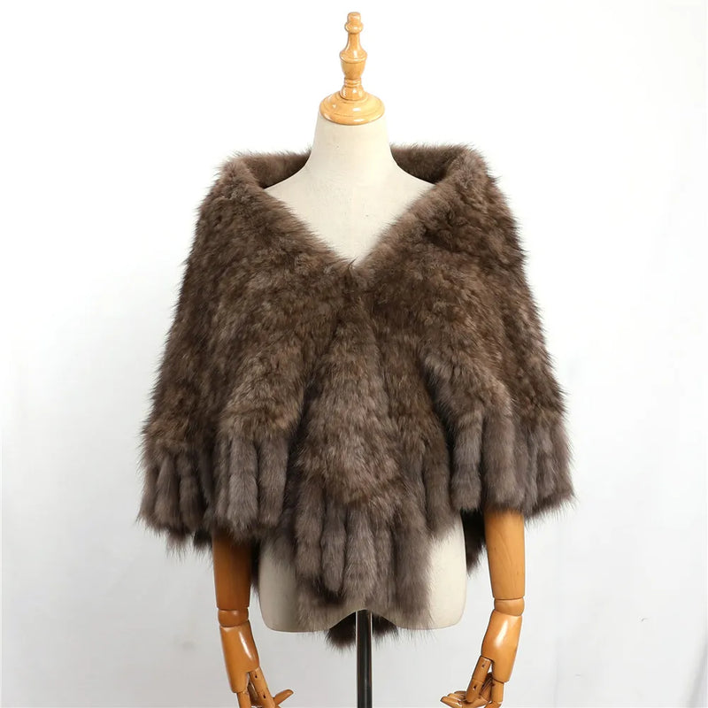 Elegant Women's Winter Warm Genuine Sable Fur Cape Shawl Lady Mink Fur Poncho Tassels Wraps Jacket Extremely Soft