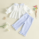 1-4Y Girls Fall Outfit Long Sleeve Doll Collar Bows Lace shirt with Striped Pants Sweet Girls Sets