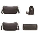 Set of four views of a dark brown leather handbag on a white background, Obroi