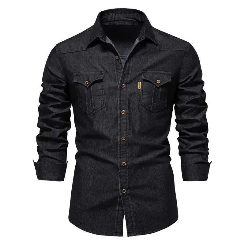 Men's Long-sleeved Washed Denim Shirt Casual All-match Button Solid outdoor Shirt Male