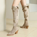 Beige suede knee-high boots with button details on a neutral background, Obroi