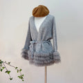 Women Autumn Knitted Cardigans With Belt Real Fox Fur Fur Striped Coat Outwear Female Luxury Sweater