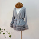 Women Autumn Knitted Cardigans With Belt Real Fox Fur Fur Striped Coat Outwear Female Luxury Sweater