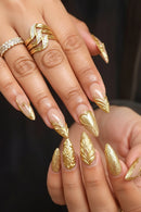 Full set of 24‑piece medium almond nails pink sheer base with metallic embossed heart cross line