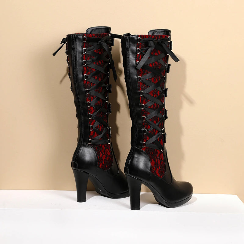 Women's Belt Buckle Knee High Boots Winter Keep Warm Female Lace Long Boot Gothic Mature Ladies Platform Knee Boottes