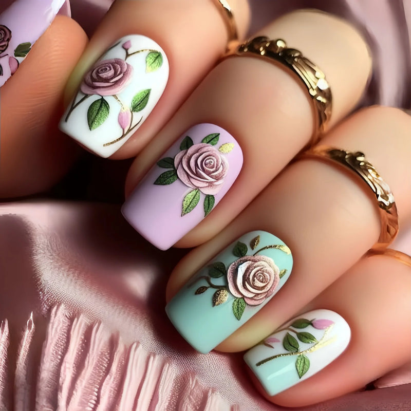24pcs Short Square Fake Nails Press On Removable False Nails with Pattern Nail Art Elegant