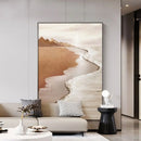 Modern living room with a large framed artwork of a beach scene on a gray wall, Obroi
