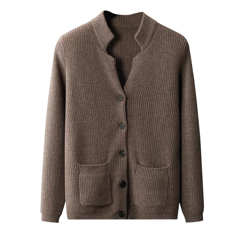 Autumn Winter Men's Cardigan Sweater Cashmere Thickened Pocket Coat Solid