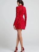 Red lace dress worn by a model on a white , Obroi