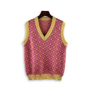 Flower Patchwork V-neck Vest Plaid Jacquard Knitted Sweater Sleeveless Oversized Spring and Autumn Casual