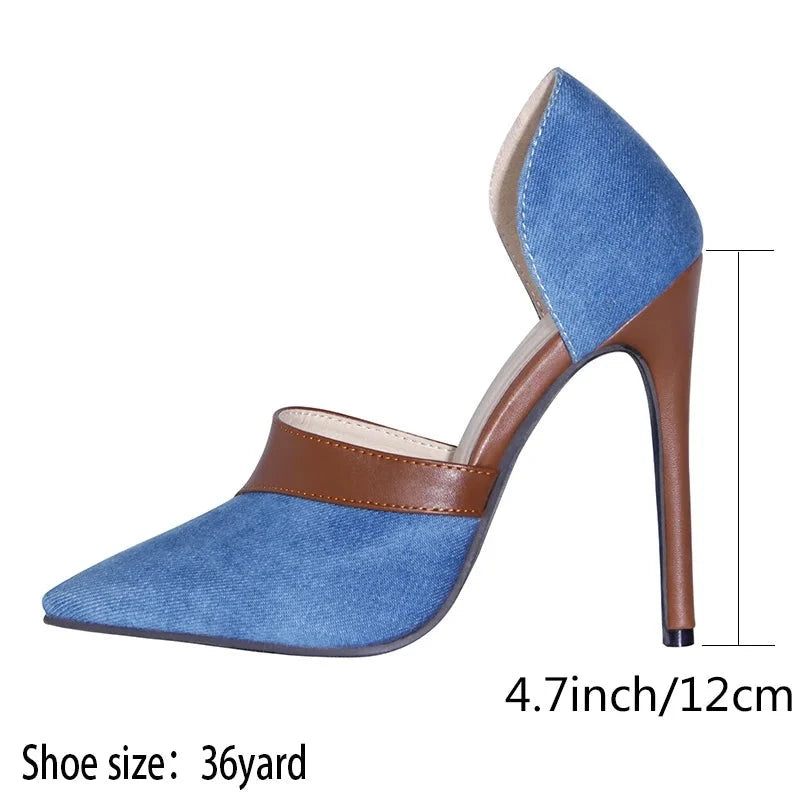 Denim Shoes Women Pumps Summer Spring Women's High Heels Pointed Toe Slip On Slides Lady Shoes