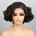 A short, dark brown to black wavy wig with a lace front, displayed on a mannequin head against a neutral gray background, Obroi
