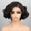 A short, dark brown to black wavy wig with a lace front, displayed on a mannequin head against a neutral gray background, Obroi