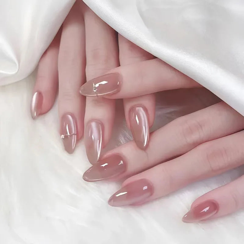 24Pcs Mid-length Almond Press on Nails Wearable Shiny Eye Nails