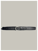 Black leather belt with silver buckle on a gray background, Obroi