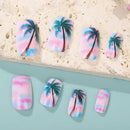 24Pcs Holiday Style Square Fake Nail Gradient with Coconut Tree Pattern Press on False Nail