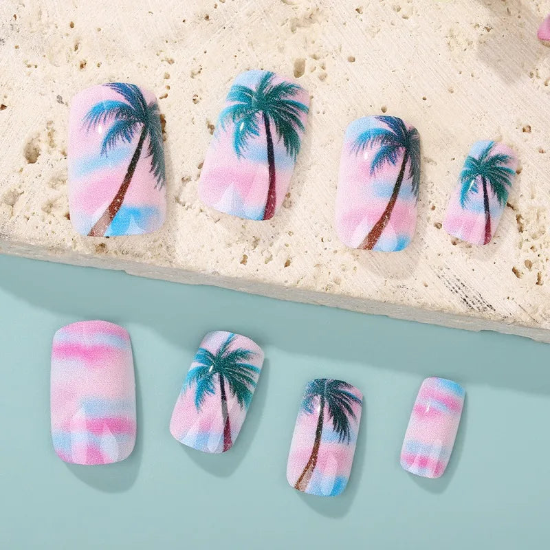 24Pcs Holiday Style Square Fake Nail Gradient with Coconut Tree Pattern Press on False Nail