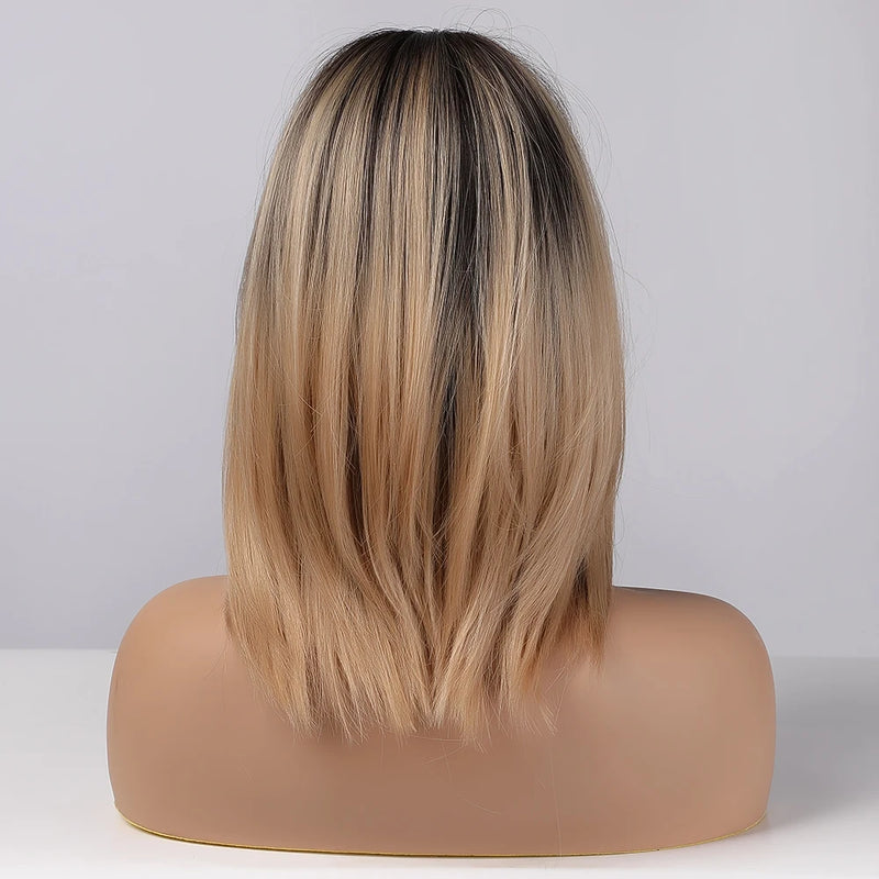 Medium Straight Black Brown Golden Ombre Wigs for Women Cosplay Bobo Wig