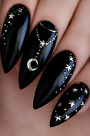 Press on Nails Black Nails Starry Night Nails with Moon Star Chain Design Almond Shape Nails 24Pcs
