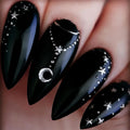 Press on Nails Black Nails Starry Night Nails with Moon Star Chain Design Almond Shape Nails 24Pcs