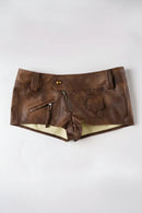 Brown leather shorts with zippers and a button on a white background, Obroi