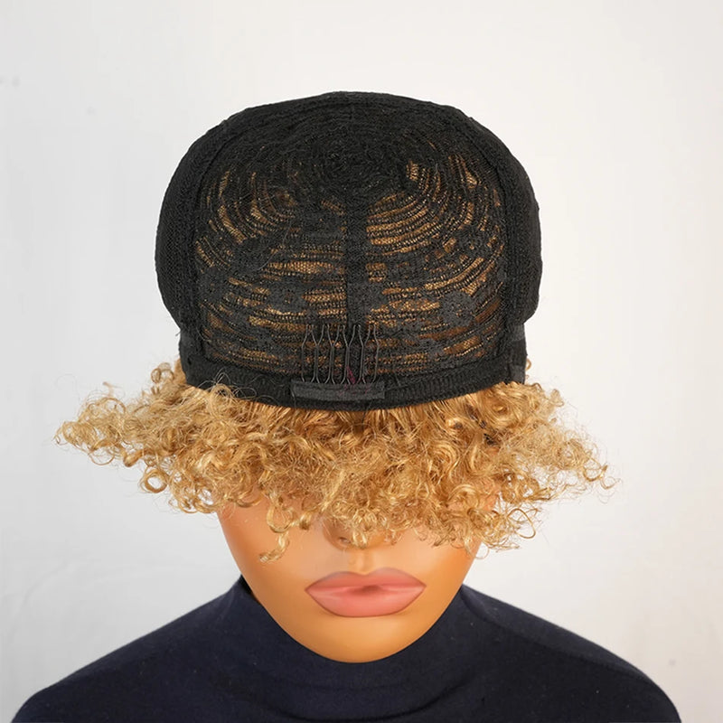 Curly Human Hair Honey Blonde Water Wave Short Pixie Cut Glueless Made Wig