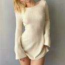 Solid Knitted Pleated Dresses Casual Flared Backless Mini Dress O Neck Basic Chic Elegant