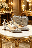 Women Shiny Silver Slingback Heel Matching Bag Set Sparkly Rhinestone Embellished Pumps