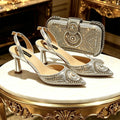 Women Shiny Silver Slingback Heel Matching Bag Set Sparkly Rhinestone Embellished Pumps