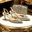 Women Shiny Silver Slingback Heel Matching Bag Set Sparkly Rhinestone Embellished Pumps