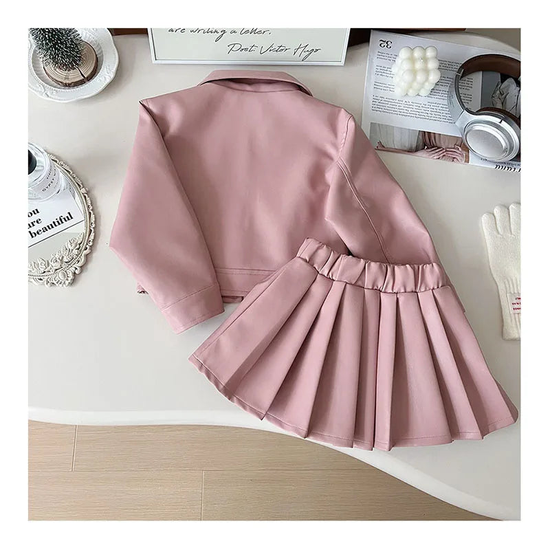 Girls Autumn Clothing Leather Jacket Suit Children Motorcycle Set Short Coat Pleated Skirt