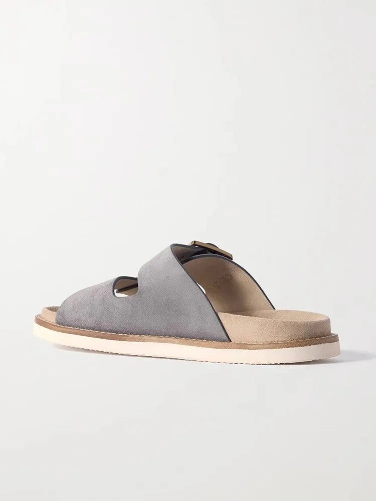 Mens Genuine Leather Slippers Summer Footwear Breathable Beach Shoes Buckle Nubuck Leather Slides