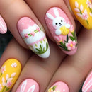 24pcs Press on Nails Sweet Pink Flowers Rabbit Print Fake Nails Full Cover Wearable Fresh Spring