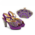 Purple high-heeled shoes with gemstone embellishments and a matching clutch on a white background, Obroi