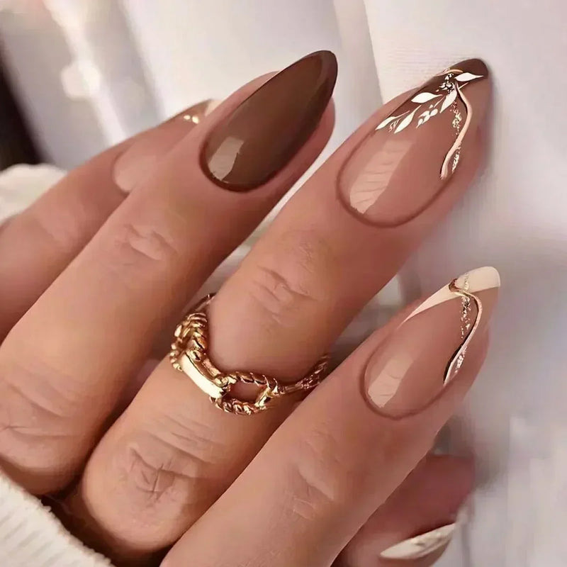 24pcs winter fall leaves false nails with almond artificial nails with glue short stiletto fake press on nail