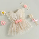 Summer Infant Baby Girl Outfits Sleeveless Backless Lace Bodysuit Dress Headband Clothes Set