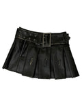 Summer Autumn Distressed Leather Mini Pleated Skirt Women Belt Short Luxury Designer Clothes