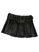 Summer Autumn Distressed Leather Mini Pleated Skirt Women Belt Short Luxury Designer Clothes