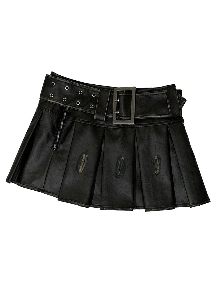 Summer Autumn Distressed Leather Mini Pleated Skirt Women Belt Short Luxury Designer Clothes