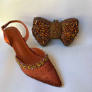 Brown embellished shoe and matching handbag on a white background, Obroi