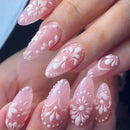 Medium nails for women Light pink Almond nail tips flora design full cover press on nail art