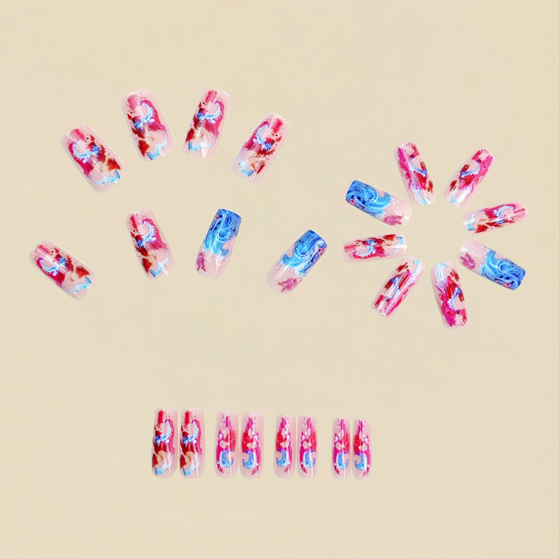 24PCS Pink Ocean Gradient False Nail Medium Square Press on Nails Full Cover Wearable Manicure Art