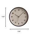 Round wall clock with a textured off-white face, dark brown rim and numerals, shown with dimension arrows and labels indicating a height and width of 11.8 inches on a white background, Obroi