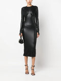 Stretch Matte Leather Dress Women Elegant Back Hem Side Split Bodycon Dress